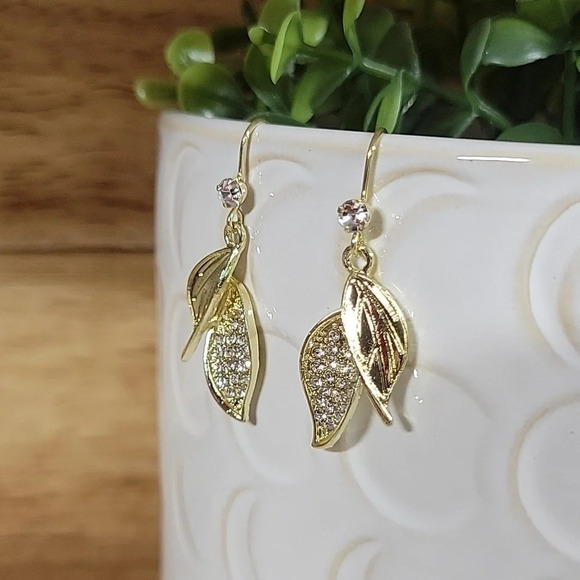Dainty Shimmer Leaf Drop Earrings - Picture 6 of 7